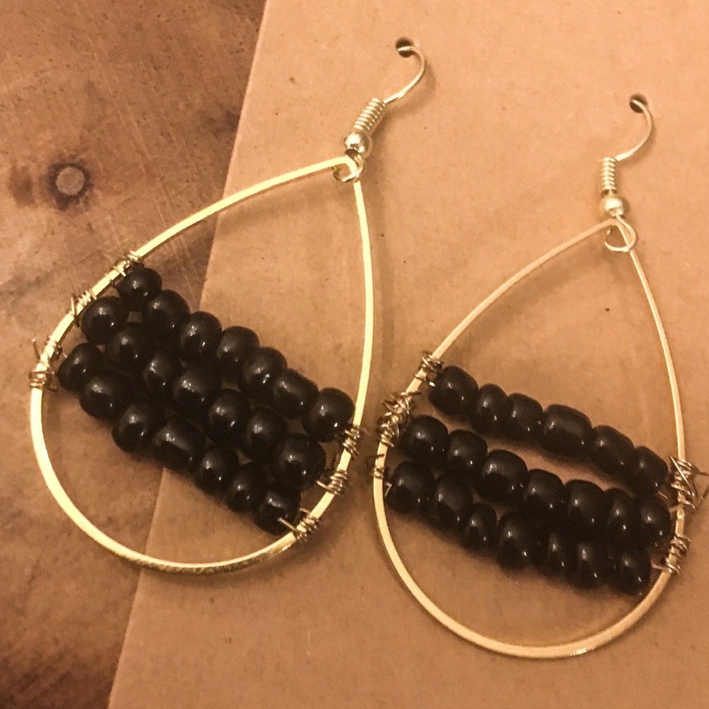 Black beaded gold teardrop earrings! Handmade!